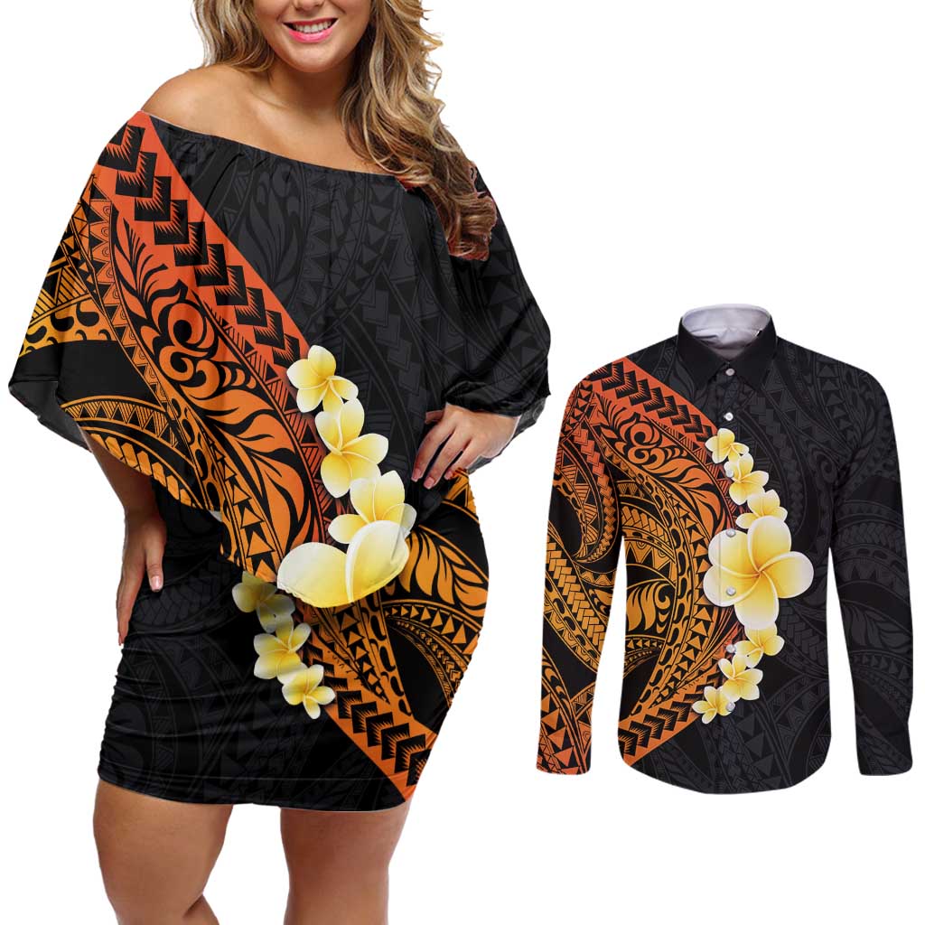 Hawaiian Tropical Plumeria Art Polynesian Tattoo Couples Matching Off Shoulder Short Dress and Long Sleeve Button Shirt Black and Autumn Color Theme LT03 Orange - Polynesian Pride