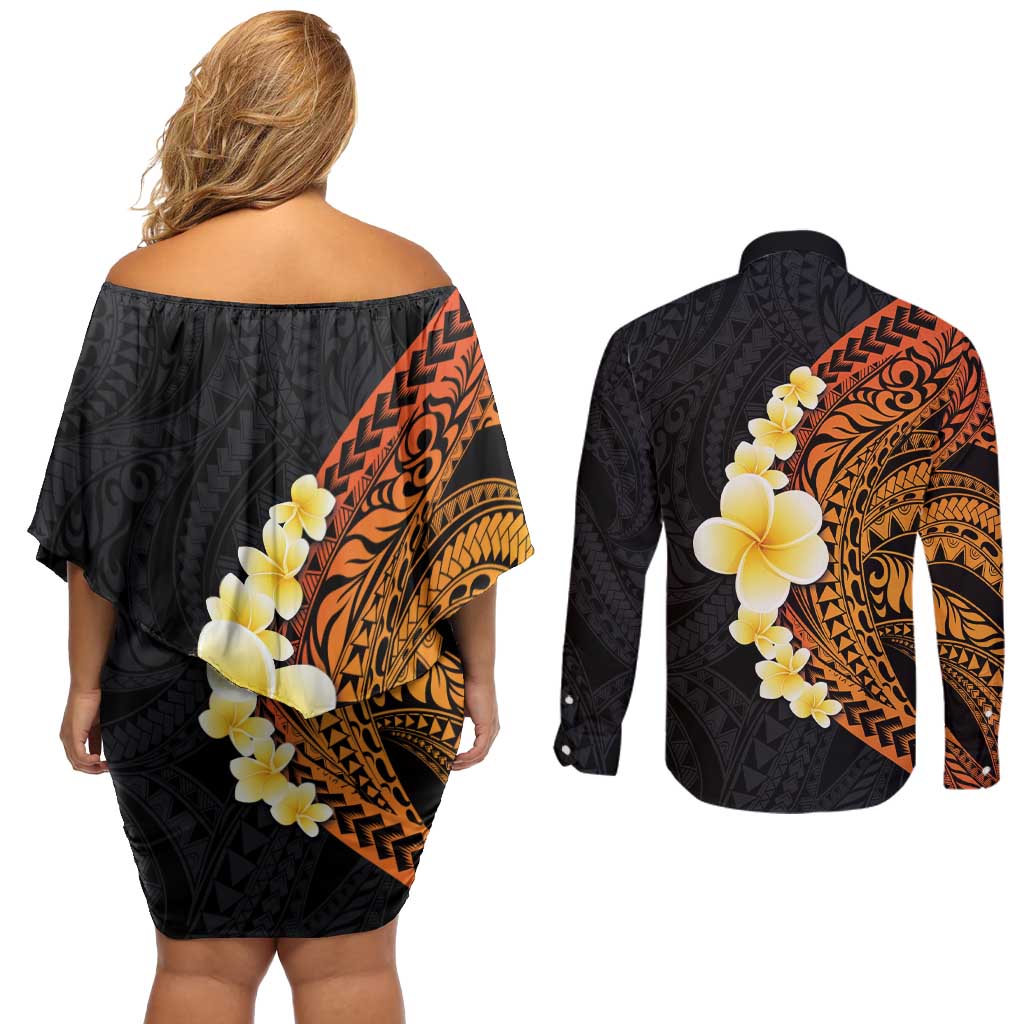Hawaiian Tropical Plumeria Art Polynesian Tattoo Couples Matching Off Shoulder Short Dress and Long Sleeve Button Shirt Black and Autumn Color Theme LT03 - Polynesian Pride