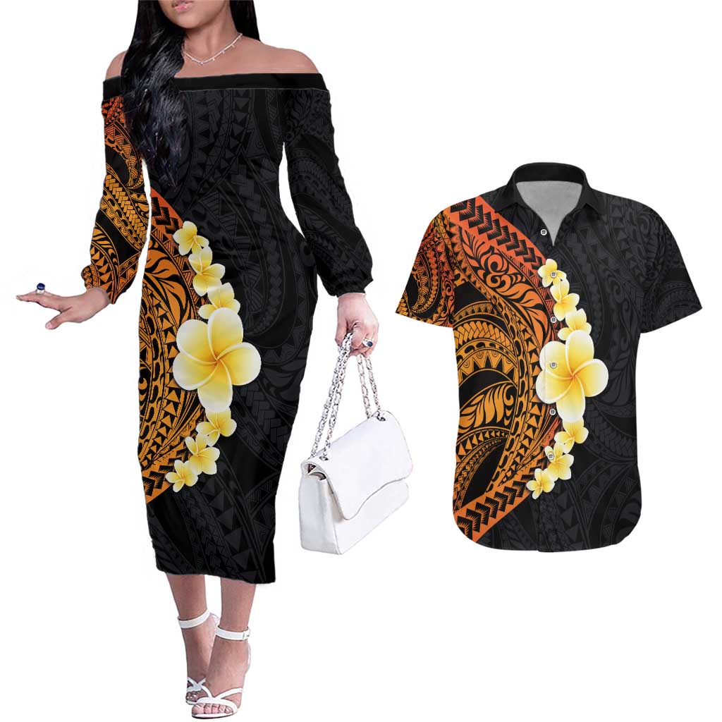 Hawaiian Tropical Plumeria Art Polynesian Tattoo Couples Matching Off The Shoulder Long Sleeve Dress and Hawaiian Shirt Black and Autumn Color Theme LT03 Orange - Polynesian Pride