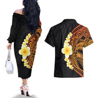 Hawaiian Tropical Plumeria Art Polynesian Tattoo Couples Matching Off The Shoulder Long Sleeve Dress and Hawaiian Shirt Black and Autumn Color Theme LT03 - Polynesian Pride