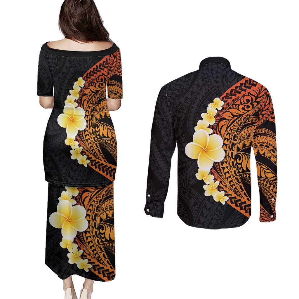 Hawaiian Tropical Plumeria Art Polynesian Tattoo Couples Matching Puletasi and Long Sleeve Button Shirt Black and Autumn Color Theme LT03 - Polynesian Pride