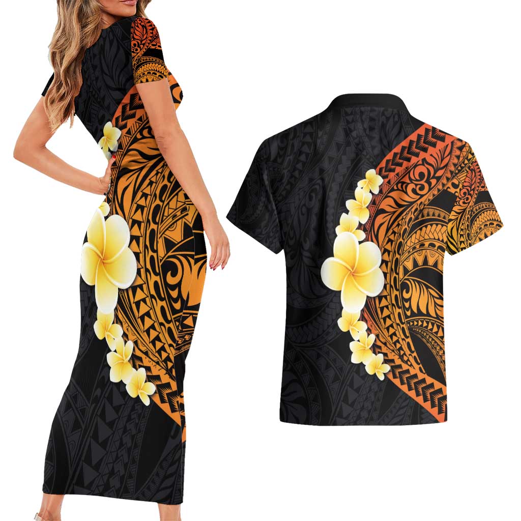 Hawaiian Tropical Plumeria Art Polynesian Tattoo Couples Matching Short Sleeve Bodycon Dress and Hawaiian Shirt Black and Autumn Color Theme LT03 - Polynesian Pride