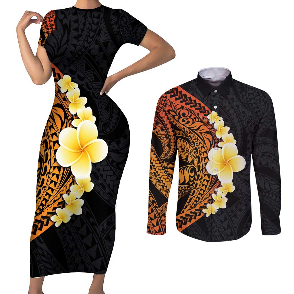 Hawaiian Tropical Plumeria Art Polynesian Tattoo Couples Matching Short Sleeve Bodycon Dress and Long Sleeve Button Shirt Black and Autumn Color Theme LT03 Orange - Polynesian Pride