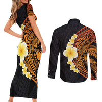 Hawaiian Tropical Plumeria Art Polynesian Tattoo Couples Matching Short Sleeve Bodycon Dress and Long Sleeve Button Shirt Black and Autumn Color Theme LT03 - Polynesian Pride