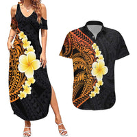 Hawaiian Tropical Plumeria Art Polynesian Tattoo Couples Matching Summer Maxi Dress and Hawaiian Shirt Black and Autumn Color Theme LT03 Orange - Polynesian Pride