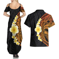 Hawaiian Tropical Plumeria Art Polynesian Tattoo Couples Matching Summer Maxi Dress and Hawaiian Shirt Black and Autumn Color Theme LT03 - Polynesian Pride