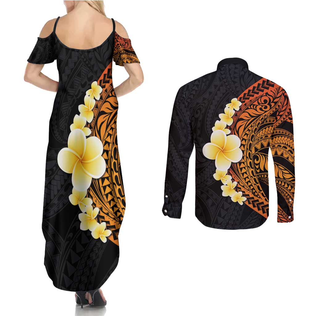 Hawaiian Tropical Plumeria Art Polynesian Tattoo Couples Matching Summer Maxi Dress and Long Sleeve Button Shirt Black and Autumn Color Theme LT03 - Polynesian Pride