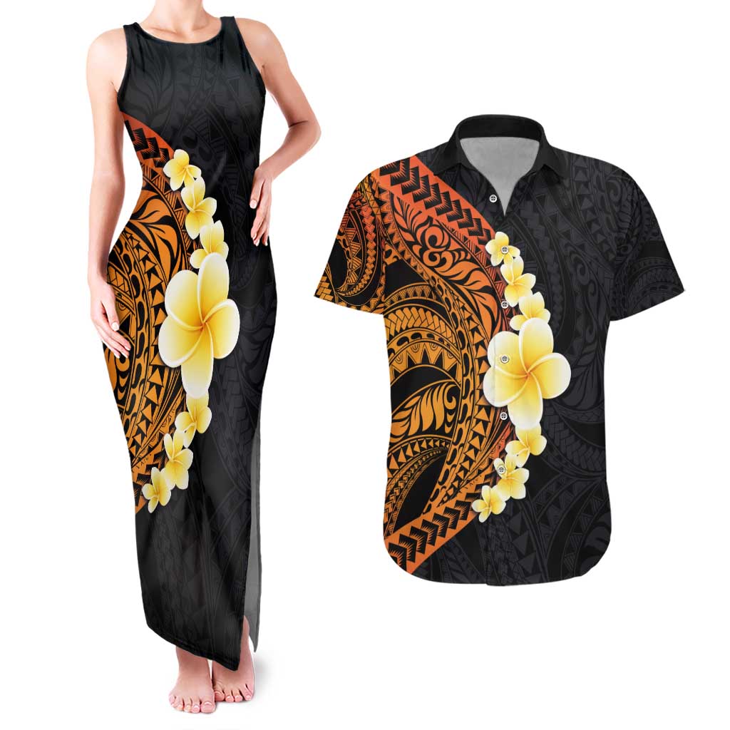 Hawaiian Tropical Plumeria Art Polynesian Tattoo Couples Matching Tank Maxi Dress and Hawaiian Shirt Black and Autumn Color Theme LT03 Orange - Polynesian Pride