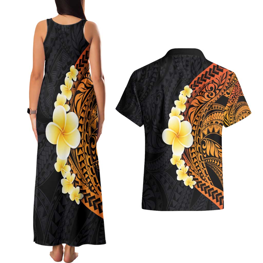 Hawaiian Tropical Plumeria Art Polynesian Tattoo Couples Matching Tank Maxi Dress and Hawaiian Shirt Black and Autumn Color Theme LT03 - Polynesian Pride