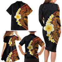 Hawaiian Tropical Plumeria Art Polynesian Tattoo Family Matching Long Sleeve Bodycon Dress and Hawaiian Shirt Black and Autumn Color Theme LT03 - Polynesian Pride