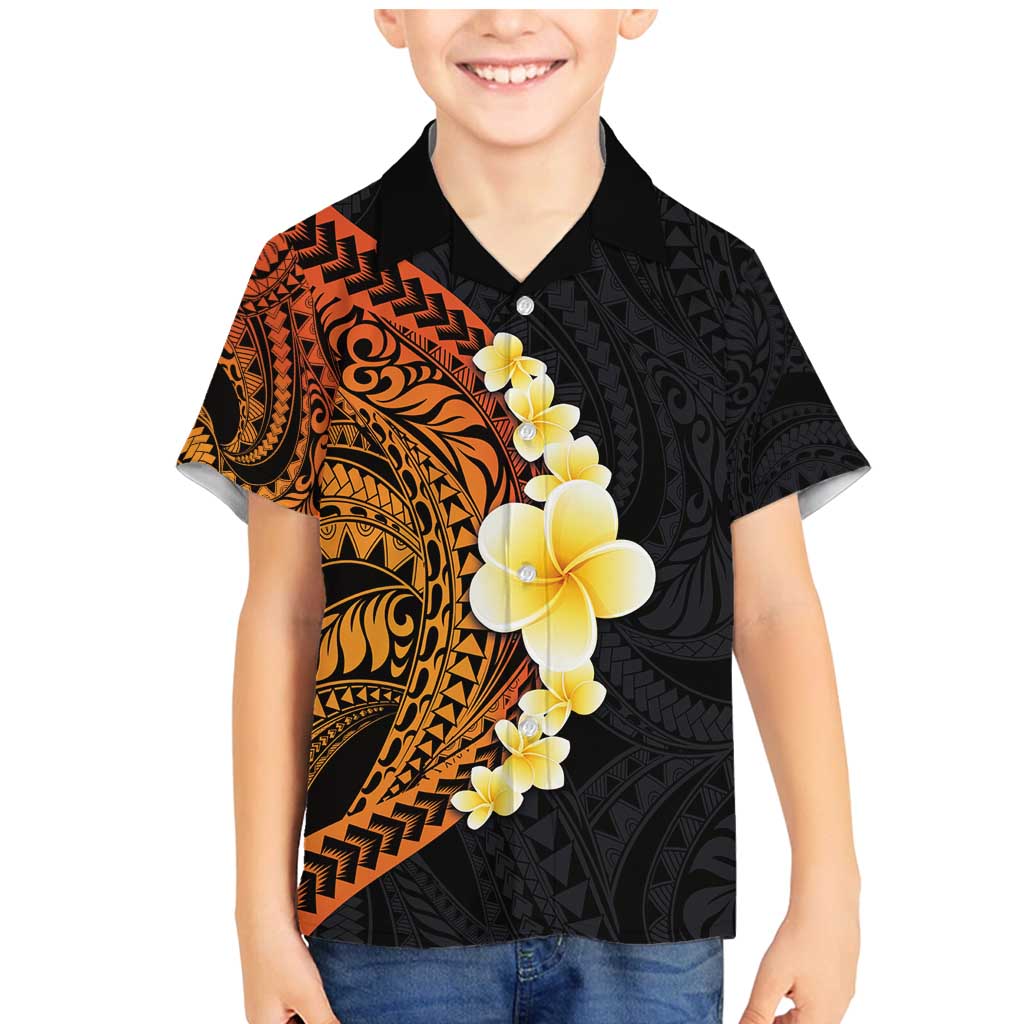 Hawaiian Tropical Plumeria Art Polynesian Tattoo Family Matching Mermaid Dress and Hawaiian Shirt Black and Autumn Color Theme LT03 Son's Shirt Orange - Polynesian Pride