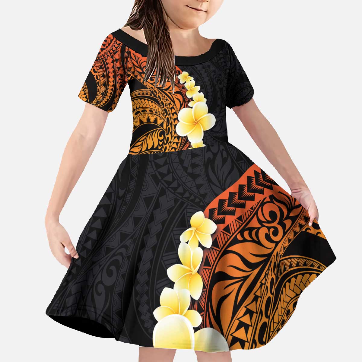Hawaiian Tropical Plumeria Art Polynesian Tattoo Family Matching Off The Shoulder Long Sleeve Dress and Hawaiian Shirt Black and Autumn Color Theme LT03 Daughter's Dress Orange - Polynesian Pride