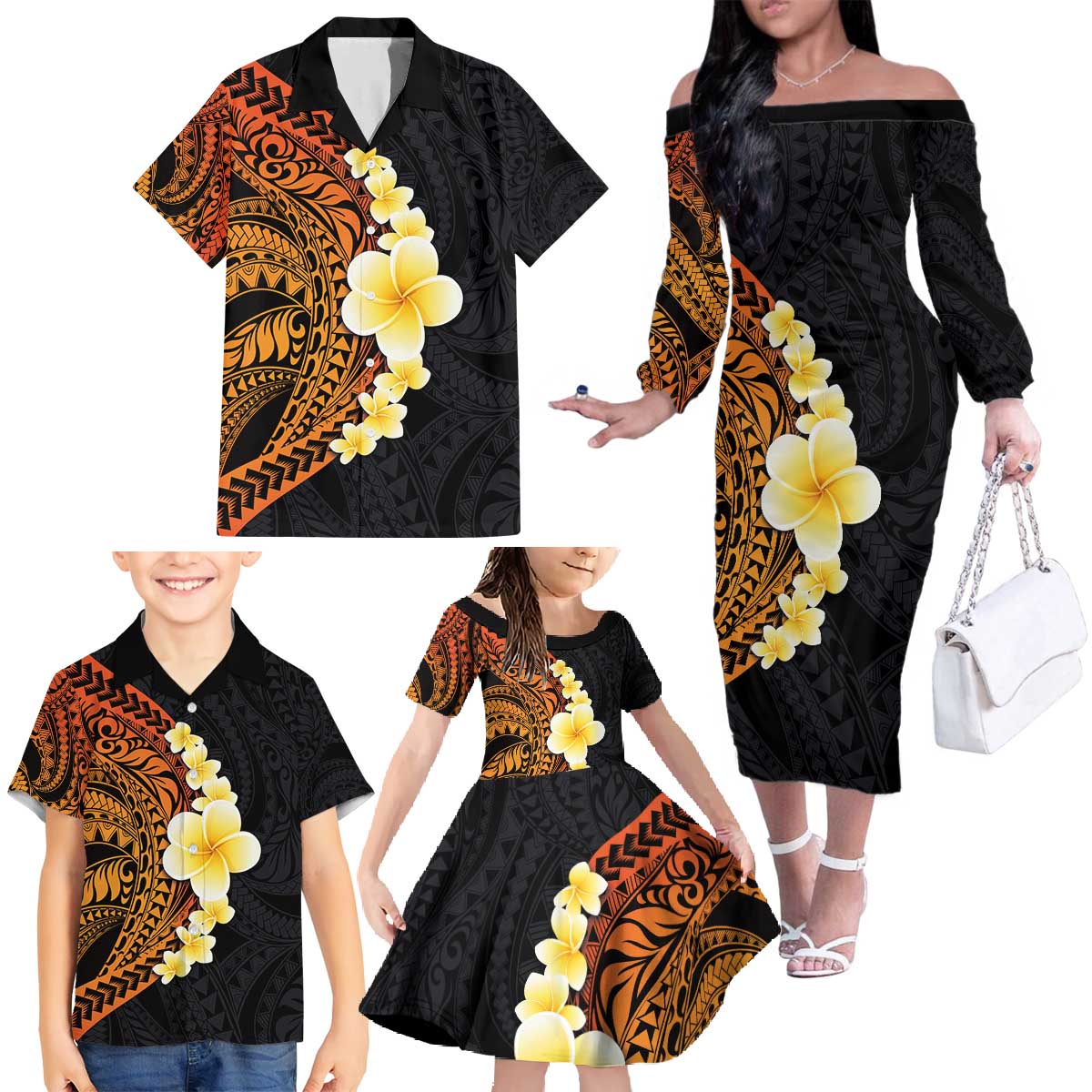 Hawaiian Tropical Plumeria Art Polynesian Tattoo Family Matching Off The Shoulder Long Sleeve Dress and Hawaiian Shirt Black and Autumn Color Theme LT03 - Polynesian Pride