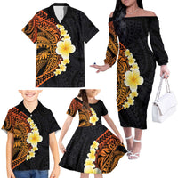 Hawaiian Tropical Plumeria Art Polynesian Tattoo Family Matching Off The Shoulder Long Sleeve Dress and Hawaiian Shirt Black and Autumn Color Theme LT03 - Polynesian Pride