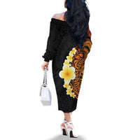 Hawaiian Tropical Plumeria Art Polynesian Tattoo Family Matching Off The Shoulder Long Sleeve Dress and Hawaiian Shirt Black and Autumn Color Theme LT03 - Polynesian Pride