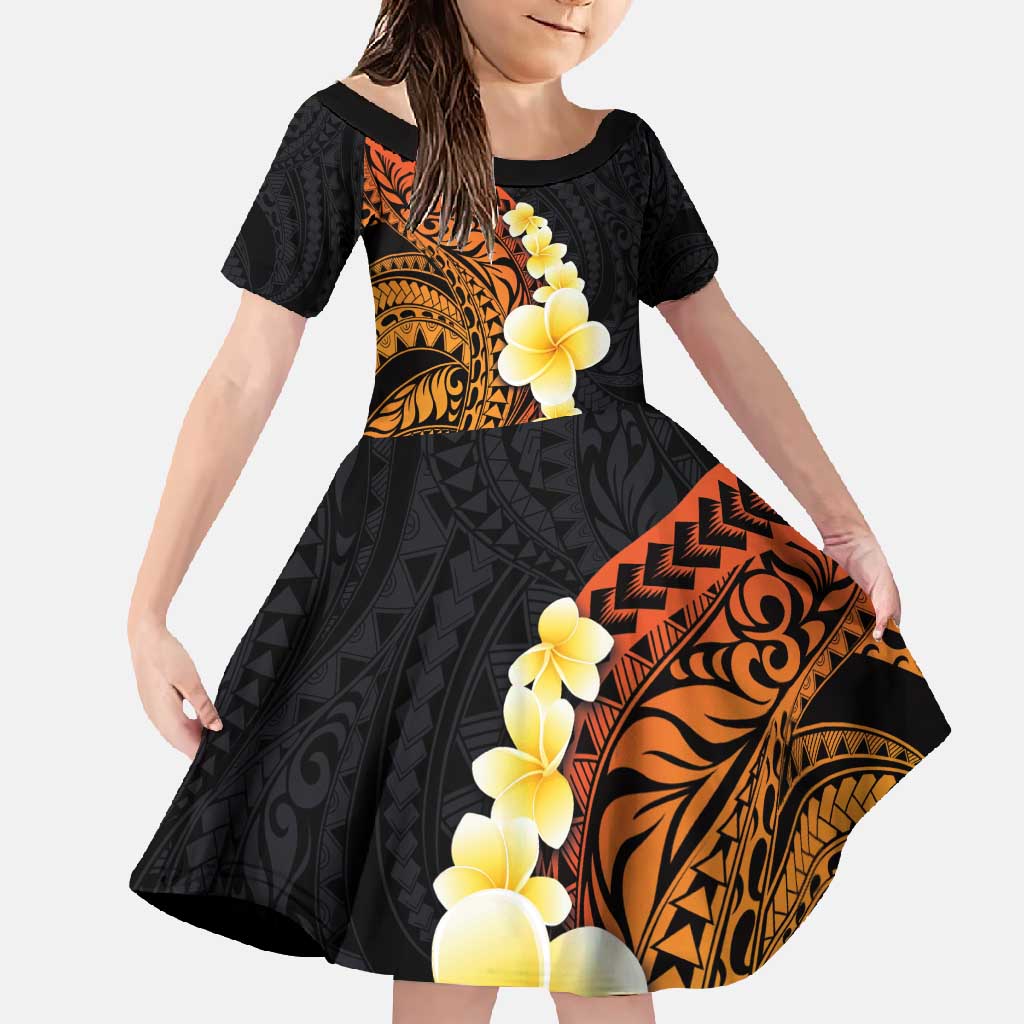 Hawaiian Tropical Plumeria Art Polynesian Tattoo Family Matching Off Shoulder Maxi Dress and Hawaiian Shirt Black and Autumn Color Theme LT03 Daughter's Dress Orange - Polynesian Pride