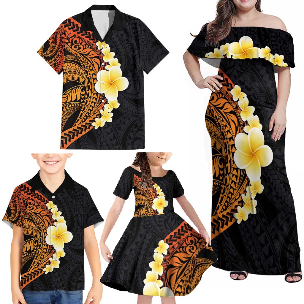 Hawaiian Tropical Plumeria Art Polynesian Tattoo Family Matching Off Shoulder Maxi Dress and Hawaiian Shirt Black and Autumn Color Theme LT03 - Polynesian Pride