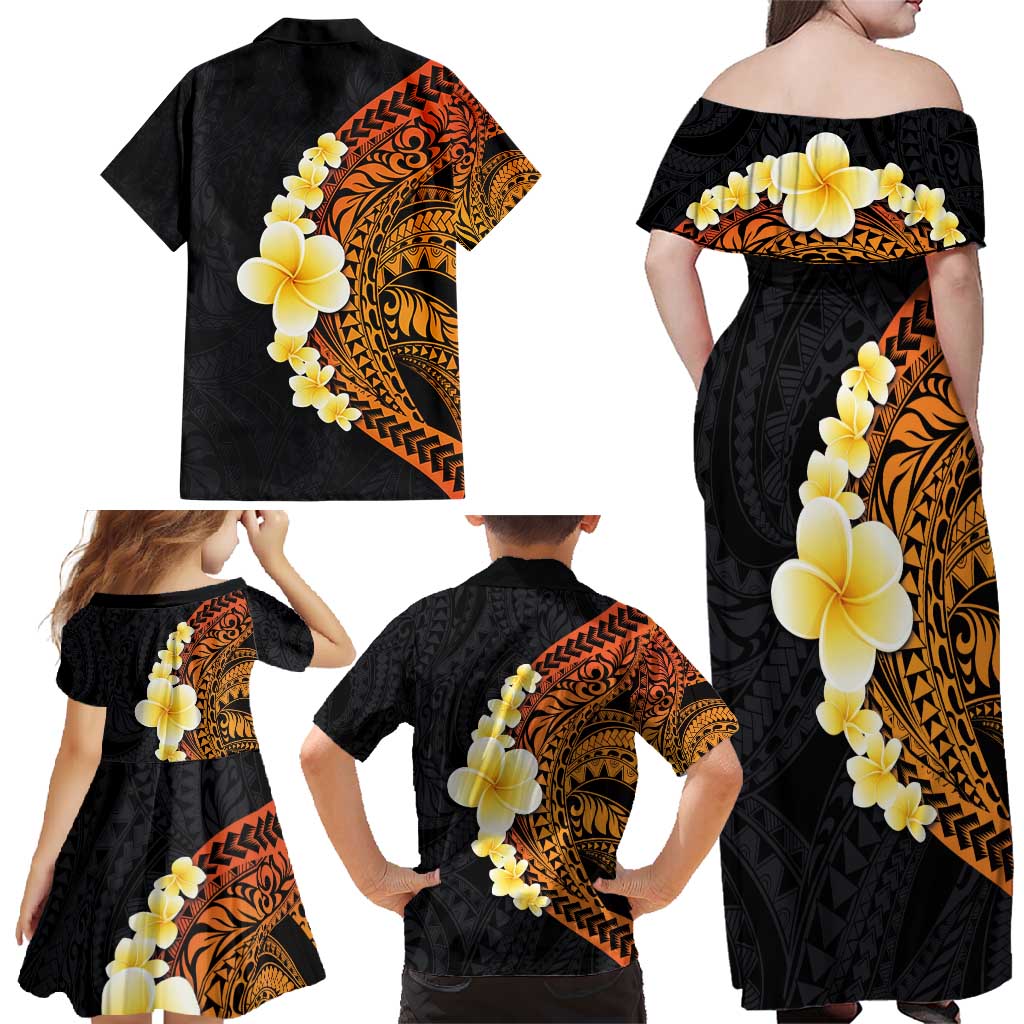 Hawaiian Tropical Plumeria Art Polynesian Tattoo Family Matching Off Shoulder Maxi Dress and Hawaiian Shirt Black and Autumn Color Theme LT03 - Polynesian Pride