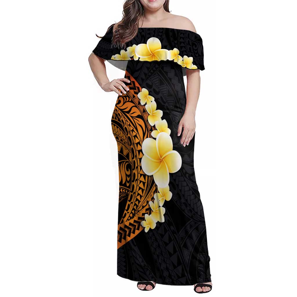 Hawaiian Tropical Plumeria Art Polynesian Tattoo Family Matching Off Shoulder Maxi Dress and Hawaiian Shirt Black and Autumn Color Theme LT03 Mom's Dress Orange - Polynesian Pride
