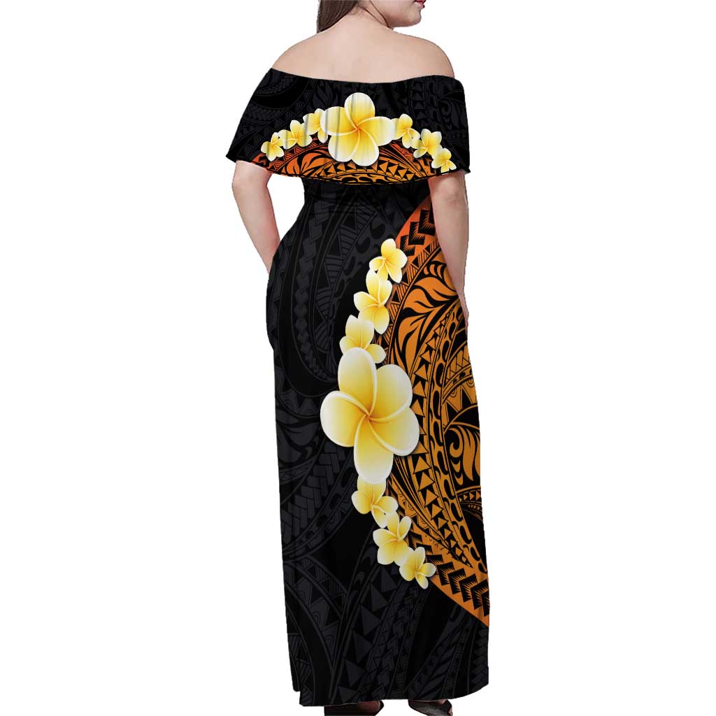 Hawaiian Tropical Plumeria Art Polynesian Tattoo Family Matching Off Shoulder Maxi Dress and Hawaiian Shirt Black and Autumn Color Theme LT03 - Polynesian Pride