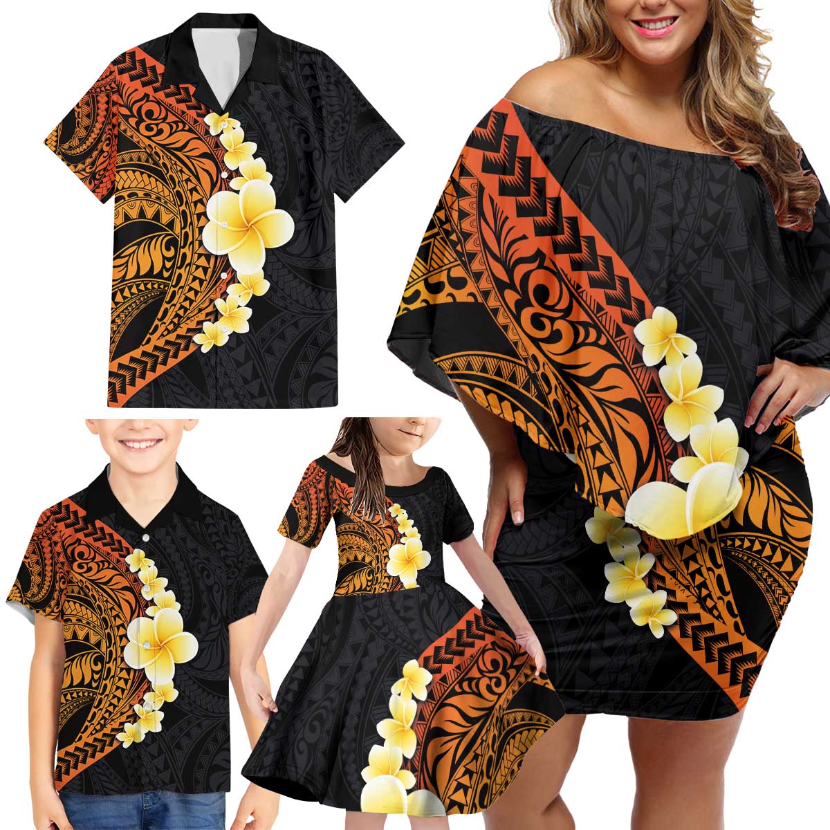 Hawaiian Tropical Plumeria Art Polynesian Tattoo Family Matching Off Shoulder Short Dress and Hawaiian Shirt Black and Autumn Color Theme LT03 - Polynesian Pride