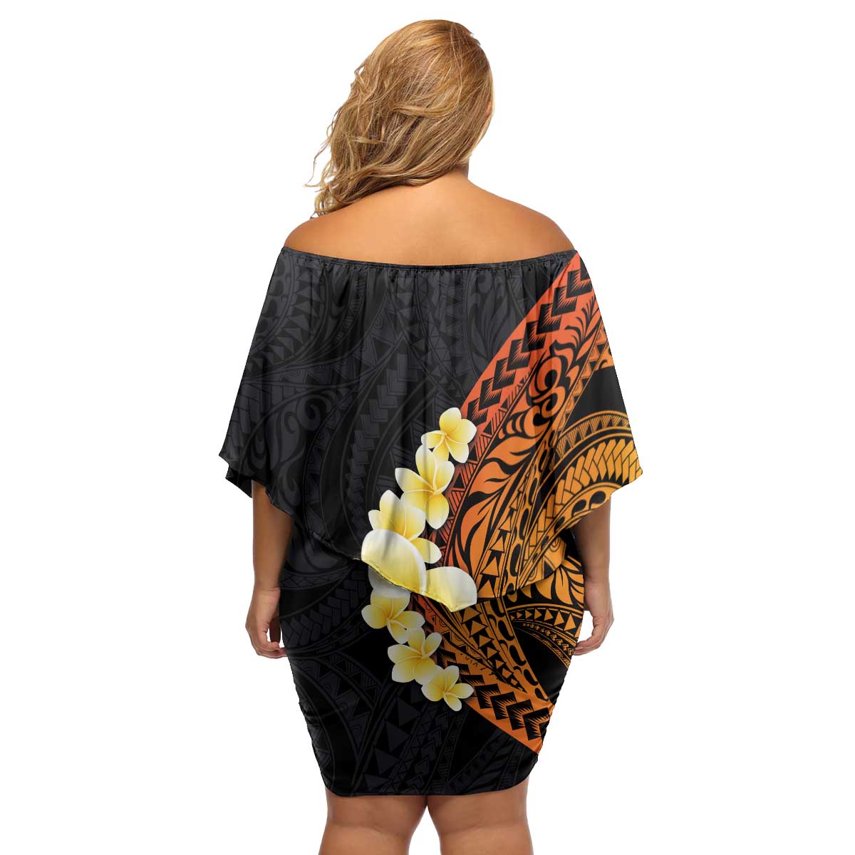 Hawaiian Tropical Plumeria Art Polynesian Tattoo Family Matching Off Shoulder Short Dress and Hawaiian Shirt Black and Autumn Color Theme LT03 - Polynesian Pride