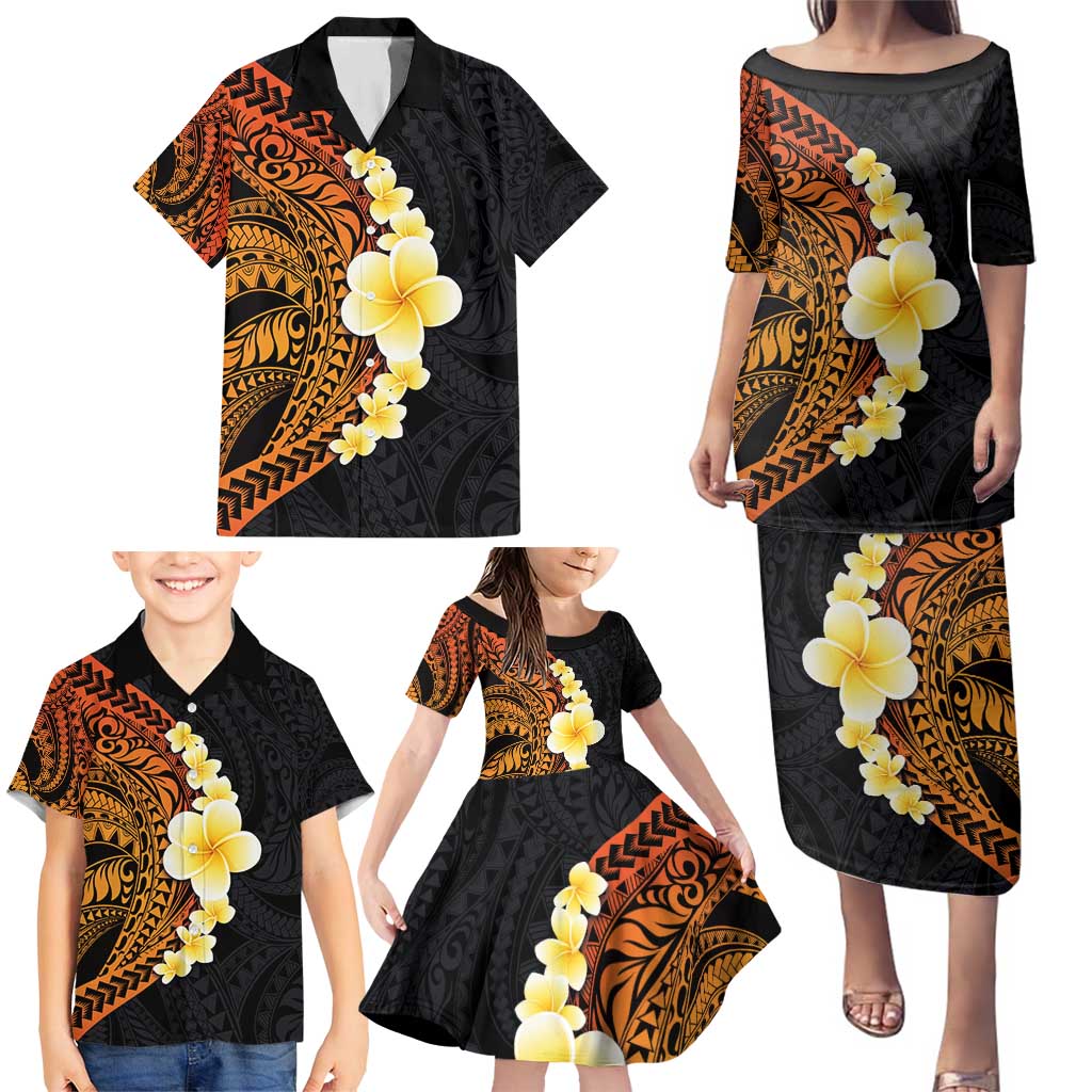 Hawaiian Tropical Plumeria Art Polynesian Tattoo Family Matching Puletasi and Hawaiian Shirt Black and Autumn Color Theme LT03 - Polynesian Pride