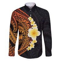 Hawaiian Tropical Plumeria Art Polynesian Tattoo Family Matching Puletasi and Hawaiian Shirt Black and Autumn Color Theme LT03 Dad's Shirt - Long Sleeve Orange - Polynesian Pride