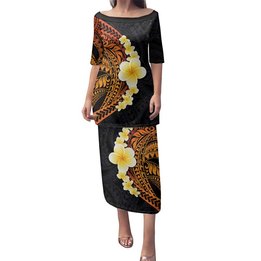 Hawaiian Tropical Plumeria Art Polynesian Tattoo Family Matching Puletasi and Hawaiian Shirt Black and Autumn Color Theme LT03 Mom's Dress Orange - Polynesian Pride