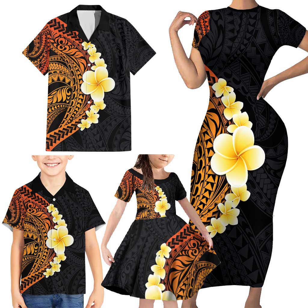 Hawaiian Tropical Plumeria Art Polynesian Tattoo Family Matching Short Sleeve Bodycon Dress and Hawaiian Shirt Black and Autumn Color Theme LT03 - Polynesian Pride