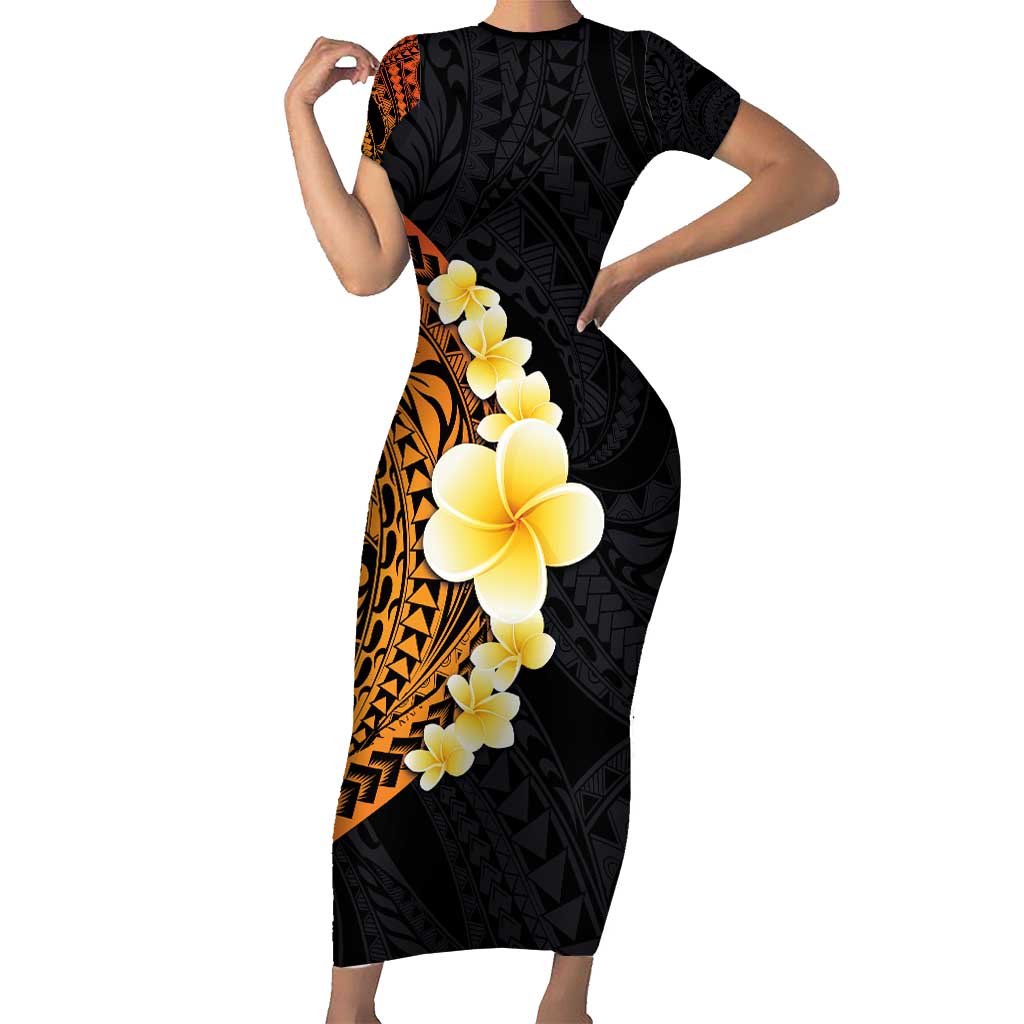 Hawaiian Tropical Plumeria Art Polynesian Tattoo Family Matching Short Sleeve Bodycon Dress and Hawaiian Shirt Black and Autumn Color Theme LT03 Mom's Dress Orange - Polynesian Pride