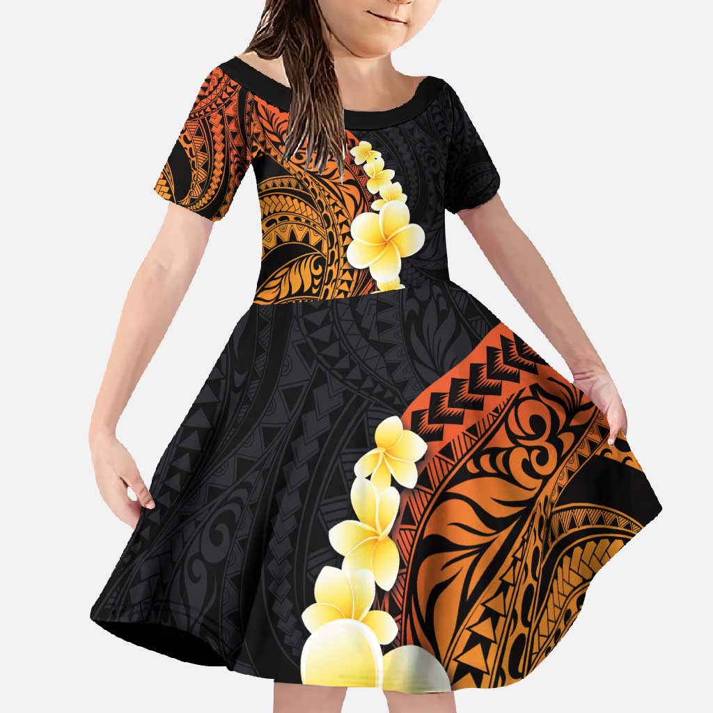 Hawaiian Tropical Plumeria Art Polynesian Tattoo Family Matching Summer Maxi Dress and Hawaiian Shirt Black and Autumn Color Theme LT03 Daughter's Dress Orange - Polynesian Pride
