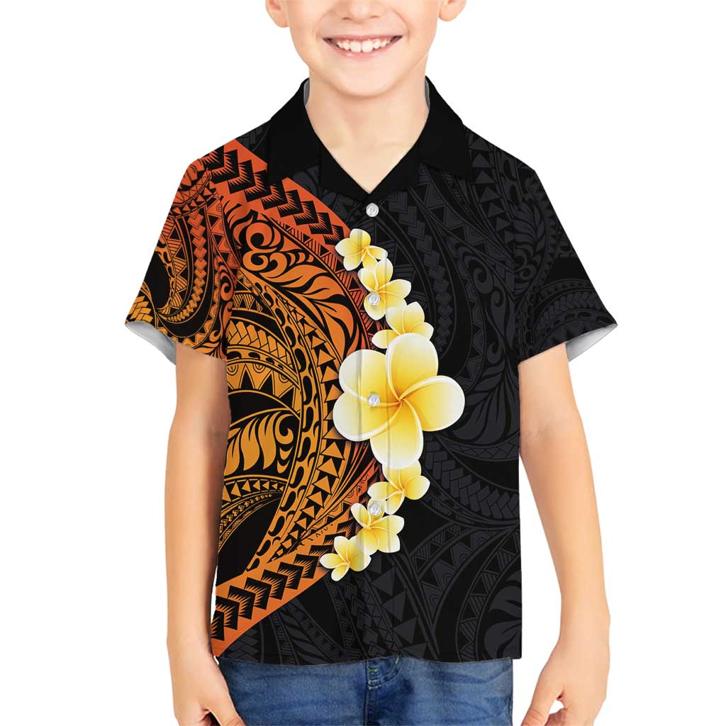 Hawaiian Tropical Plumeria Art Polynesian Tattoo Family Matching Summer Maxi Dress and Hawaiian Shirt Black and Autumn Color Theme LT03 Son's Shirt Orange - Polynesian Pride
