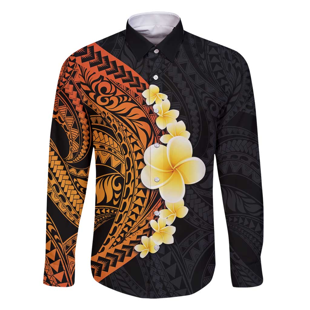 Hawaiian Tropical Plumeria Art Polynesian Tattoo Family Matching Tank Maxi Dress and Hawaiian Shirt Black and Autumn Color Theme LT03 Dad's Shirt - Long Sleeve Orange - Polynesian Pride
