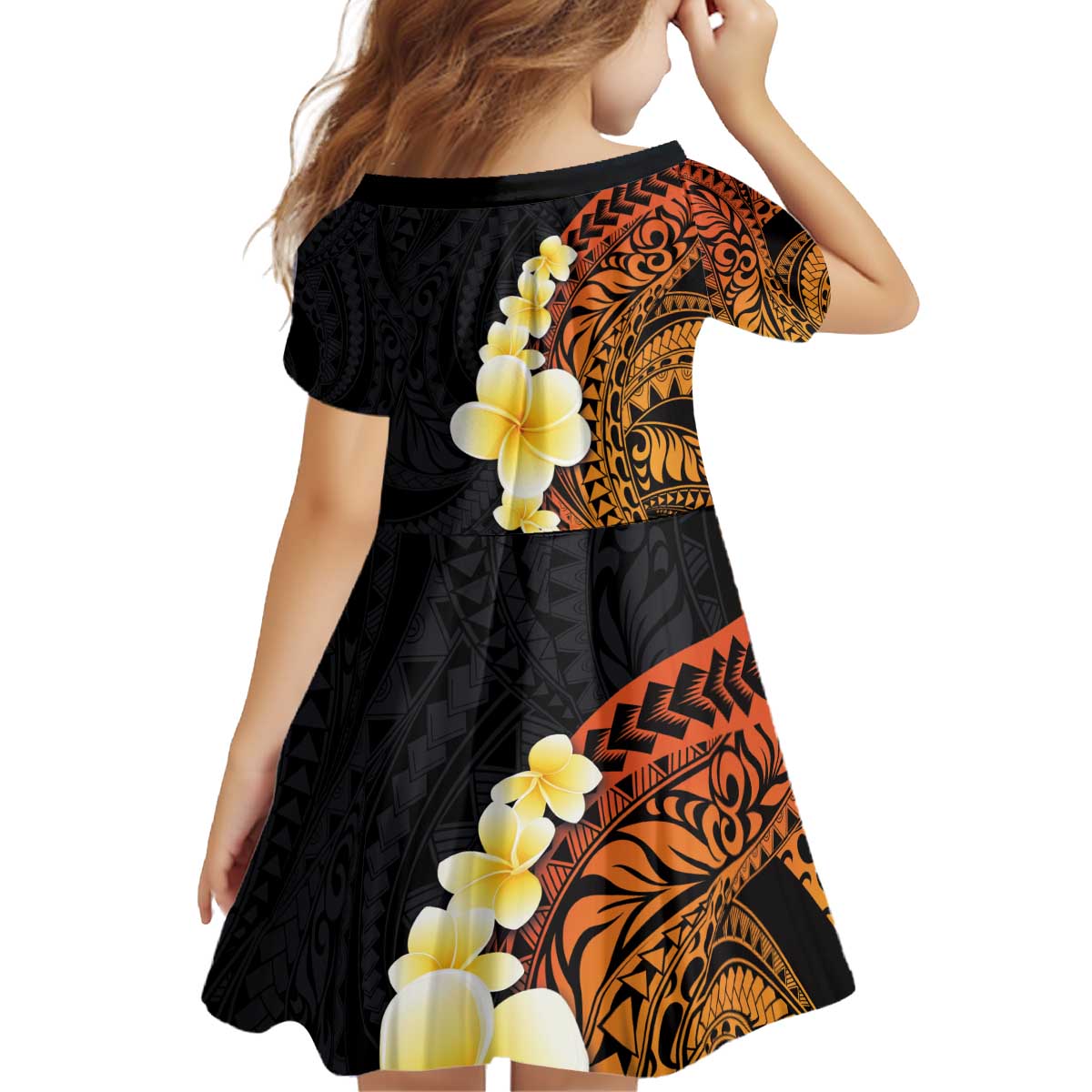 Hawaiian Tropical Plumeria Art Polynesian Tattoo Kid Short Sleeve Dress Black and Autumn Color Theme LT03 - Polynesian Pride