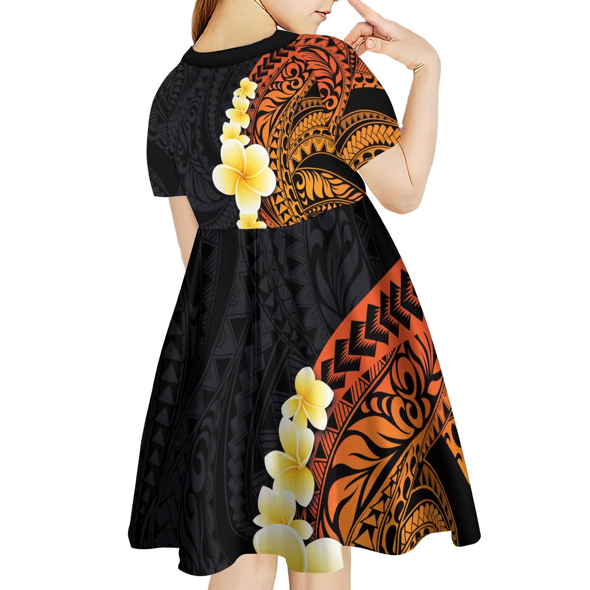 Hawaiian Tropical Plumeria Art Polynesian Tattoo Kid Short Sleeve Dress Black and Autumn Color Theme LT03 - Polynesian Pride