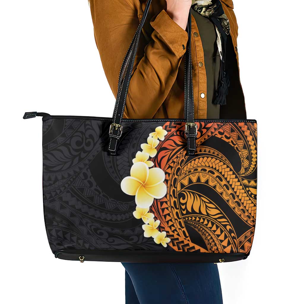 Hawaiian Tropical Plumeria Art Polynesian Tattoo Leather Tote Bag Black and Autumn Color Theme LT03 - Polynesian Pride