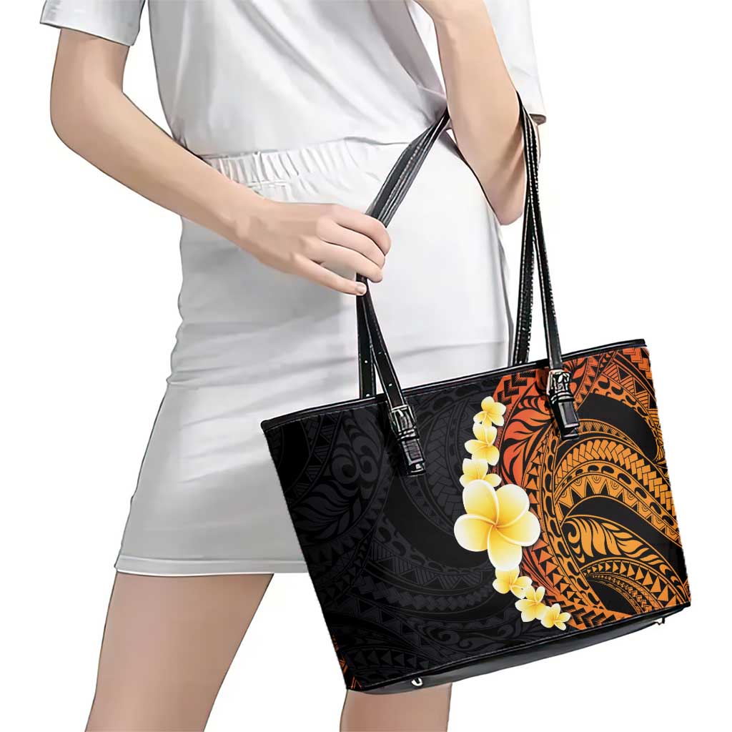 Hawaiian Tropical Plumeria Art Polynesian Tattoo Leather Tote Bag Black and Autumn Color Theme LT03 - Polynesian Pride