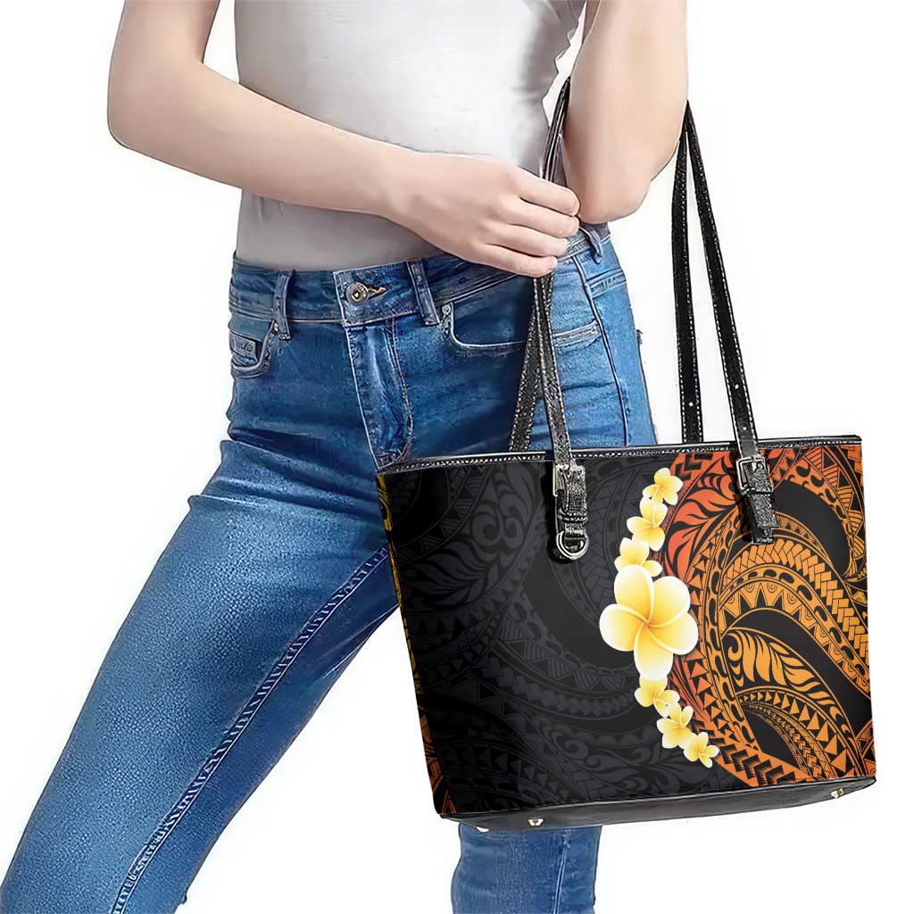 Hawaiian Tropical Plumeria Art Polynesian Tattoo Leather Tote Bag Black and Autumn Color Theme LT03 - Polynesian Pride