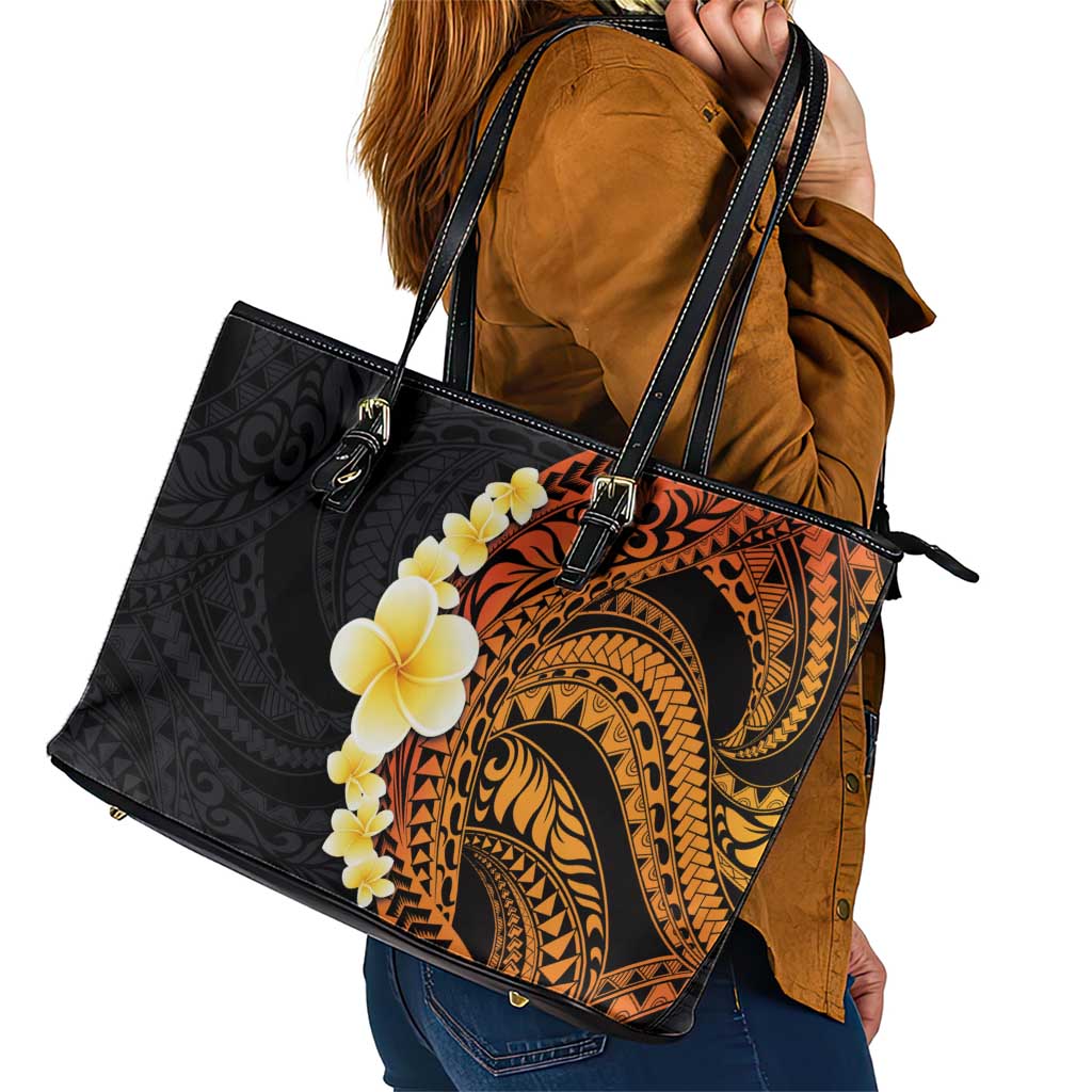 Hawaiian Tropical Plumeria Art Polynesian Tattoo Leather Tote Bag Black and Autumn Color Theme LT03 - Polynesian Pride