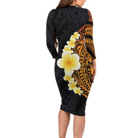 Hawaiian Tropical Plumeria Art Polynesian Tattoo Long Sleeve Bodycon Dress Black and Autumn Color Theme LT03 - Polynesian Pride
