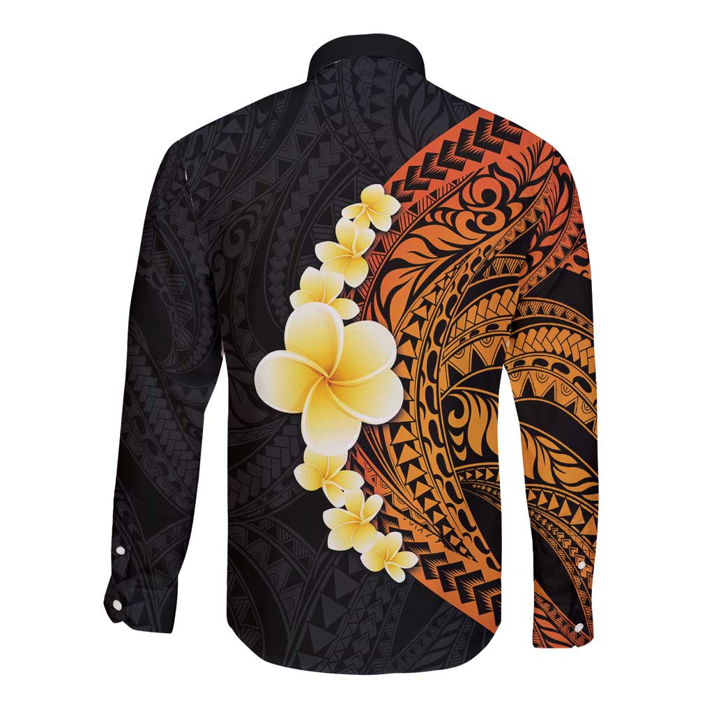 Hawaiian Tropical Plumeria Art Polynesian Tattoo Long Sleeve Button Shirt Black and Autumn Color Theme LT03 - Polynesian Pride