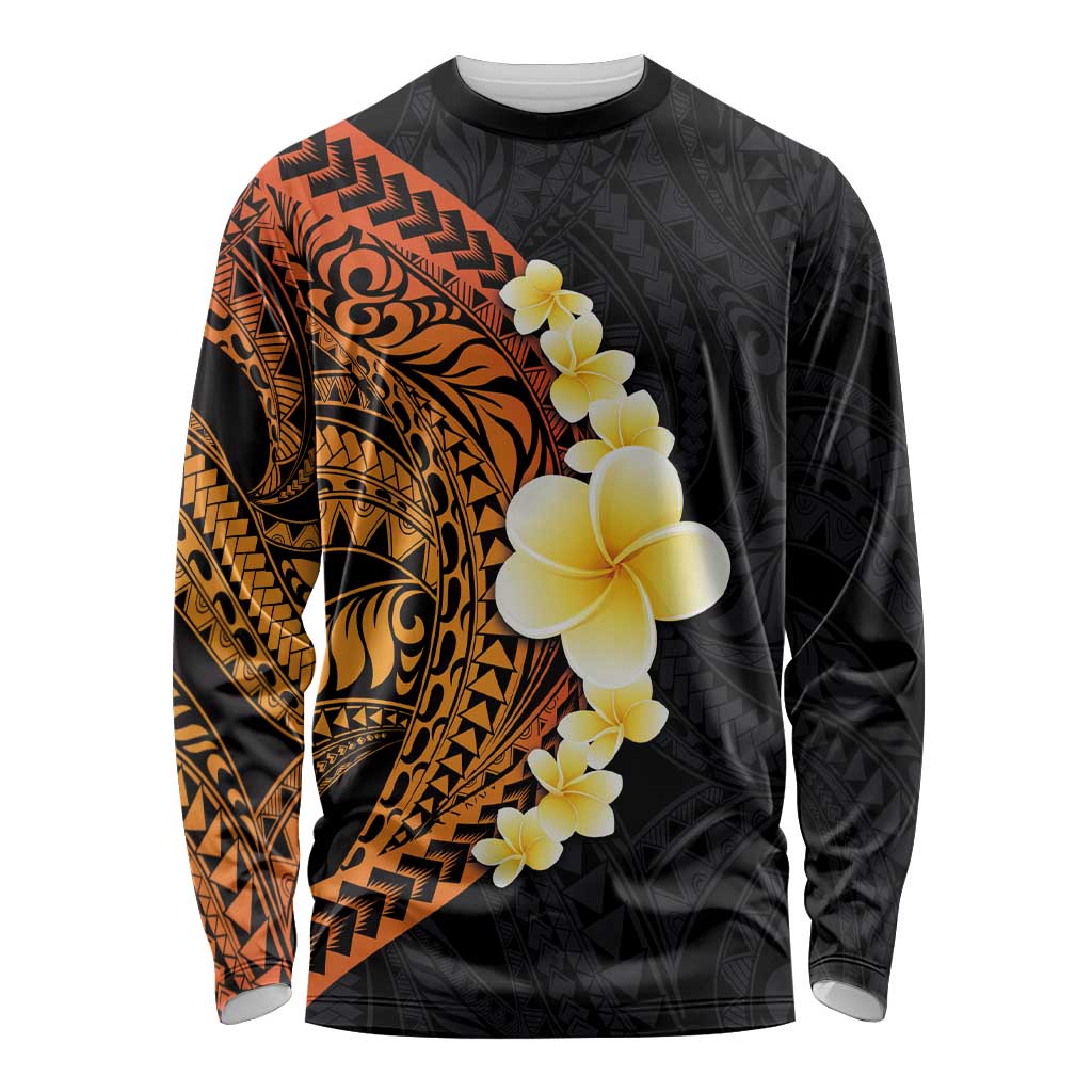 Hawaiian Tropical Plumeria Art Polynesian Tattoo Long Sleeve Shirt Black and Autumn Color Theme LT03 Unisex Orange - Polynesian Pride
