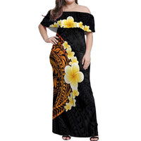 Hawaiian Tropical Plumeria Art Polynesian Tattoo Off Shoulder Maxi Dress Black and Autumn Color Theme LT03 Women Orange - Polynesian Pride