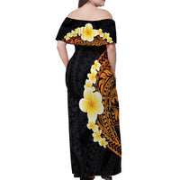 Hawaiian Tropical Plumeria Art Polynesian Tattoo Off Shoulder Maxi Dress Black and Autumn Color Theme LT03 - Polynesian Pride