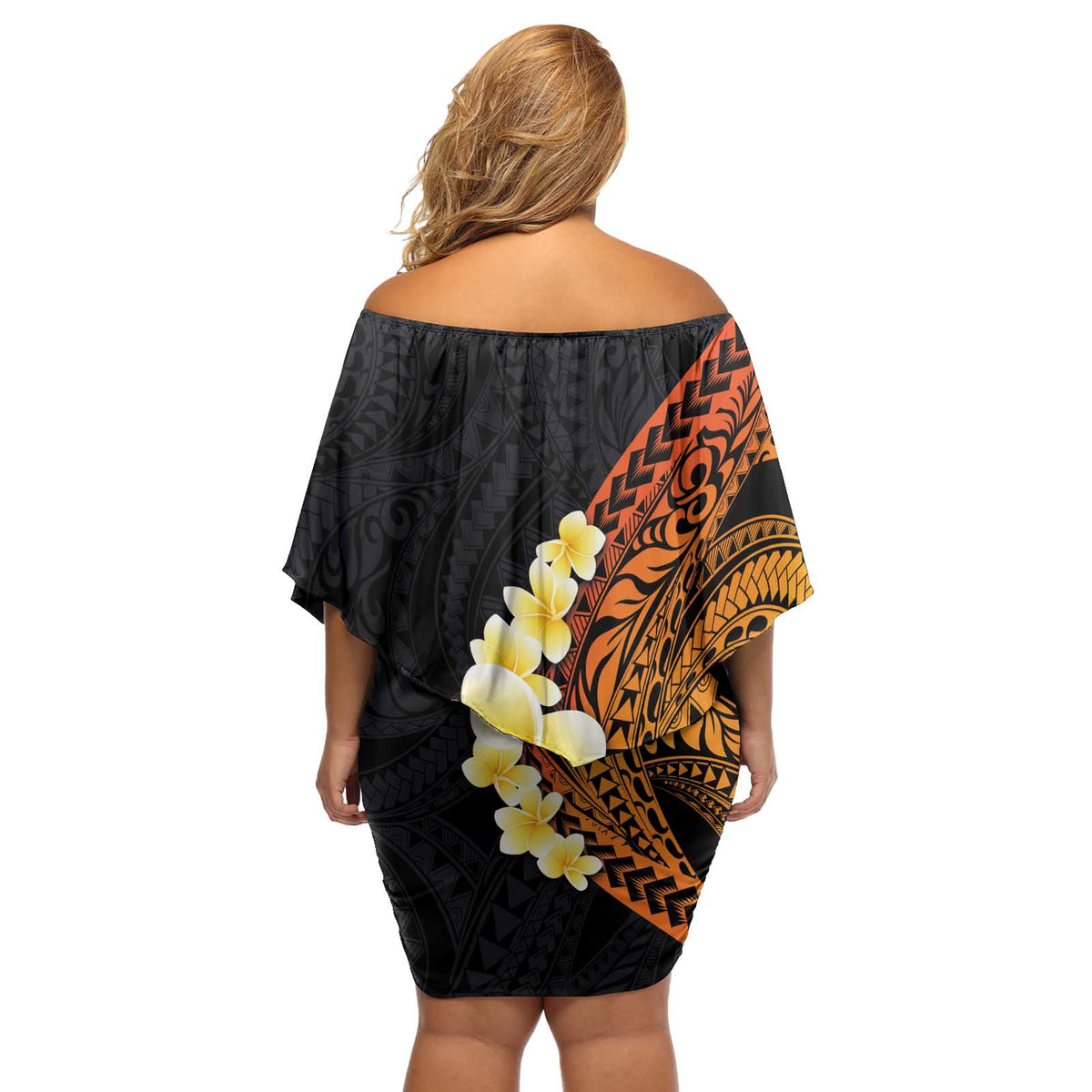 Hawaiian Tropical Plumeria Art Polynesian Tattoo Off Shoulder Short Dress Black and Autumn Color Theme LT03 - Polynesian Pride