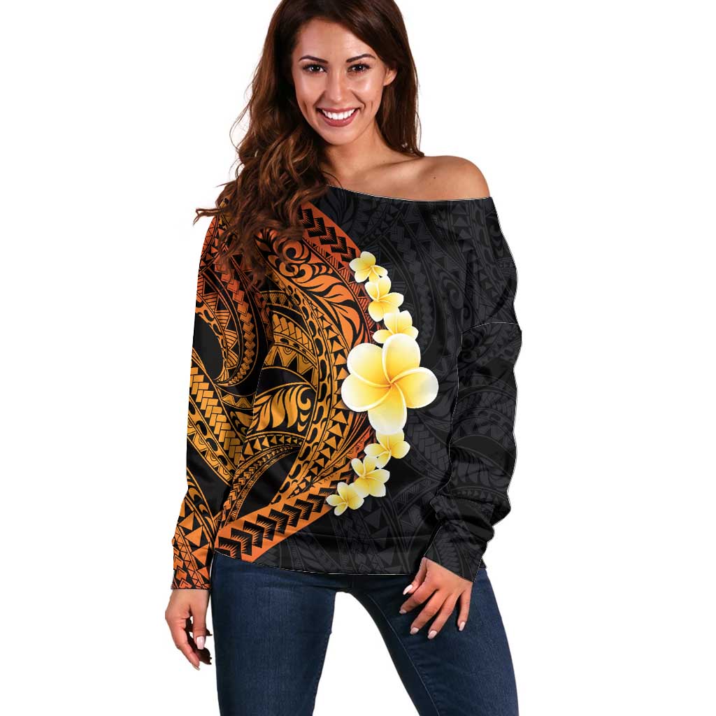 Hawaiian Tropical Plumeria Art Polynesian Tattoo Off Shoulder Sweater Black and Autumn Color Theme LT03 Women Orange - Polynesian Pride