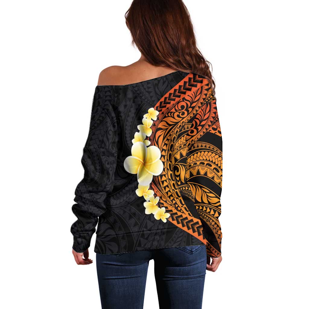 Hawaiian Tropical Plumeria Art Polynesian Tattoo Off Shoulder Sweater Black and Autumn Color Theme LT03 - Polynesian Pride