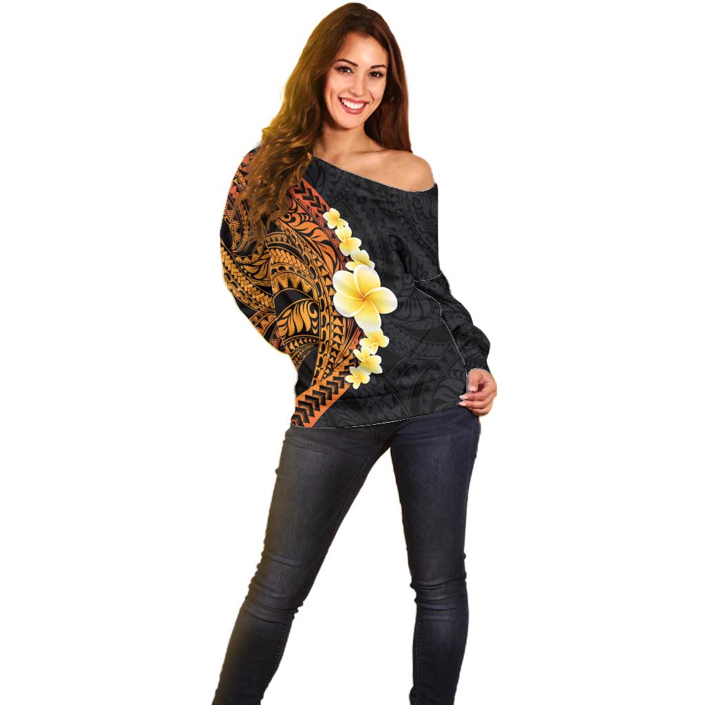Hawaiian Tropical Plumeria Art Polynesian Tattoo Off Shoulder Sweater Black and Autumn Color Theme LT03 - Polynesian Pride