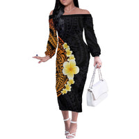 Hawaiian Tropical Plumeria Art Polynesian Tattoo Off The Shoulder Long Sleeve Dress Black and Autumn Color Theme LT03 Women Orange - Polynesian Pride
